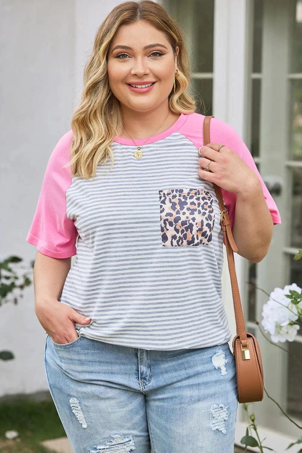 Trendsi Plus Size Striped Leopard Round Neck T-Shirt
