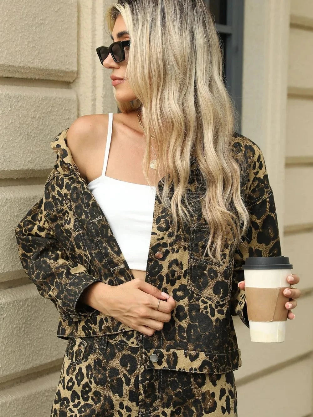 Trendsi Pocketed Leopard Long Sleeve Denim Jacket