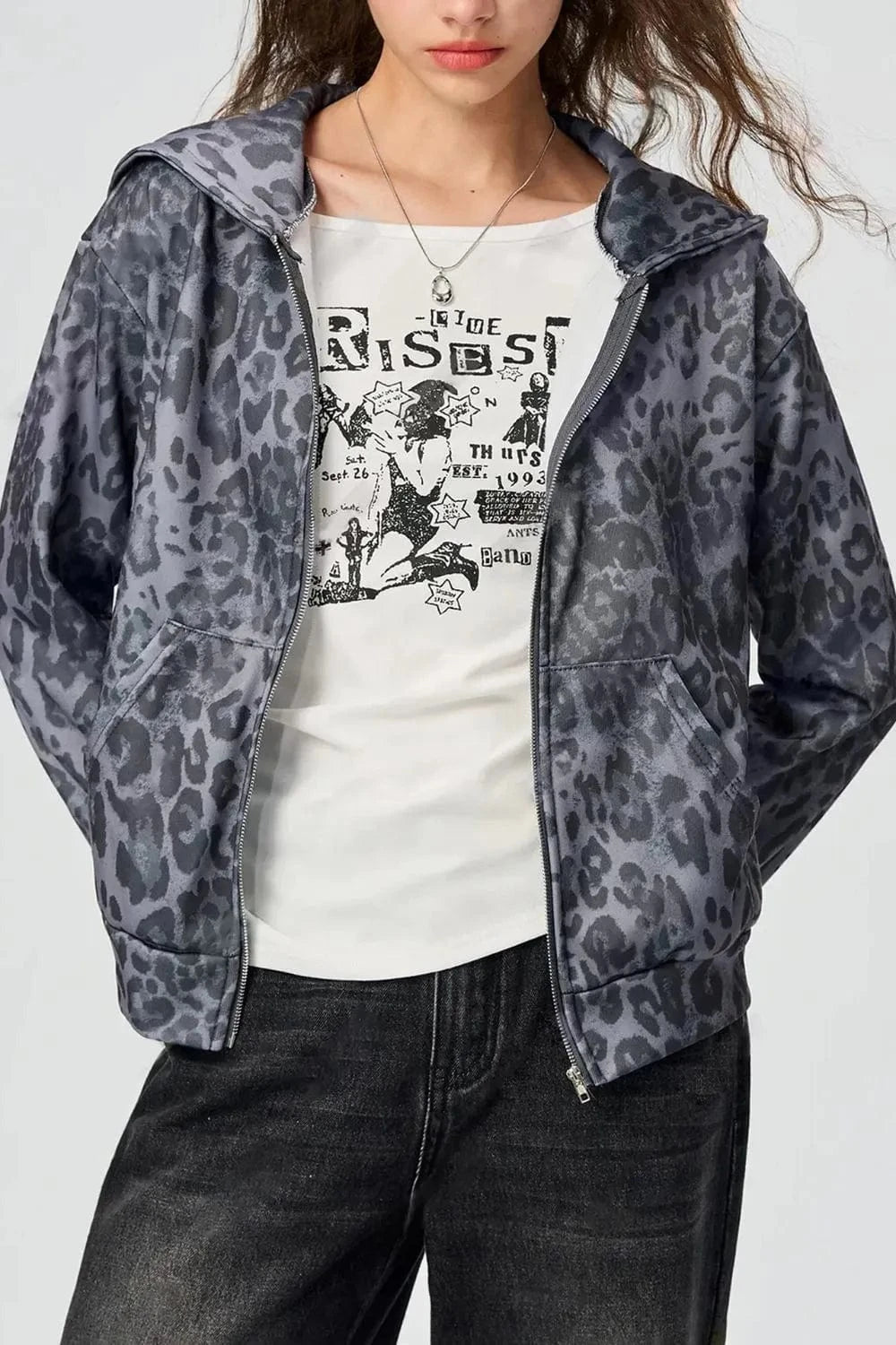 Trendsi Pocketed Leopard Zip Up Hooded Jacket