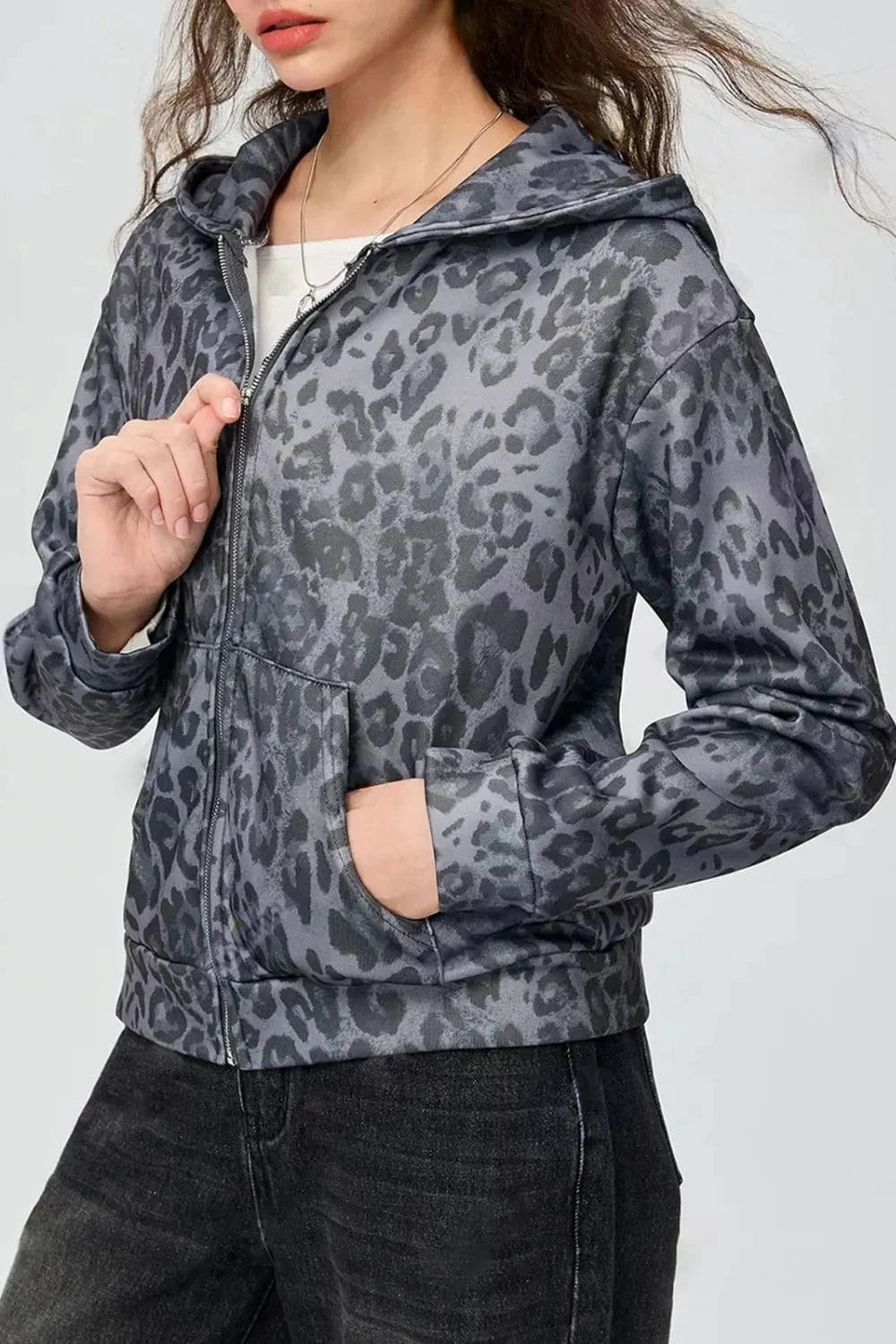 Trendsi Pocketed Leopard Zip Up Hooded Jacket