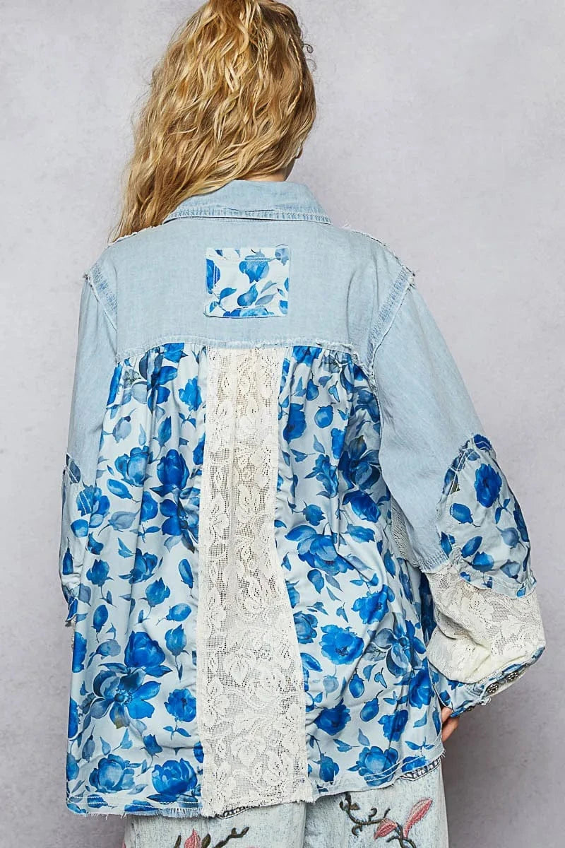 Trendsi POL Floral Patchwork Denim Shirt with Lace Trim Details