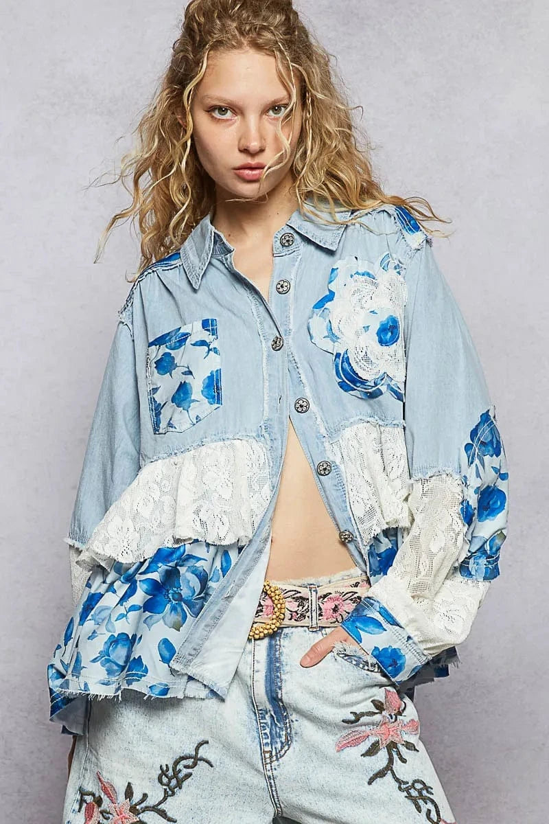 Trendsi POL Floral Patchwork Denim Shirt with Lace Trim Details