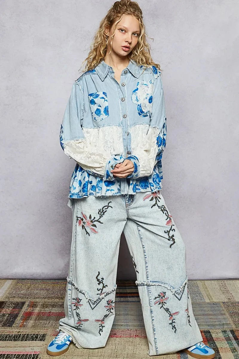 Trendsi POL Floral Patchwork Denim Shirt with Lace Trim Details
