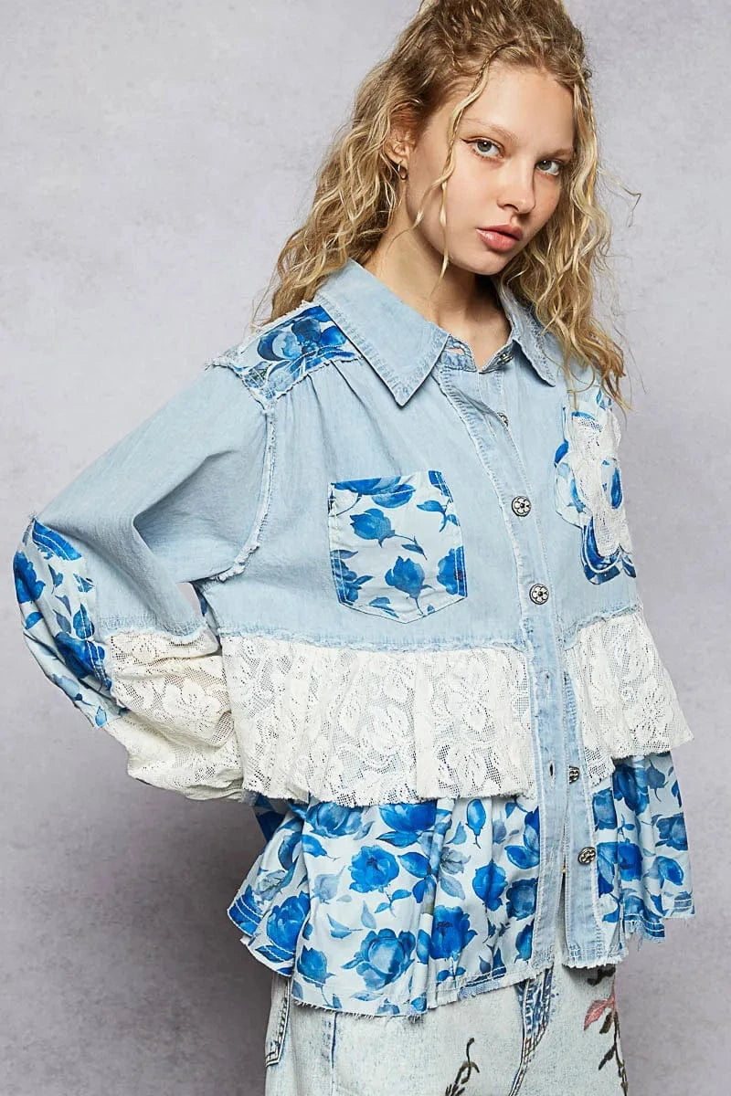 Trendsi POL Floral Patchwork Denim Shirt with Lace Trim Details