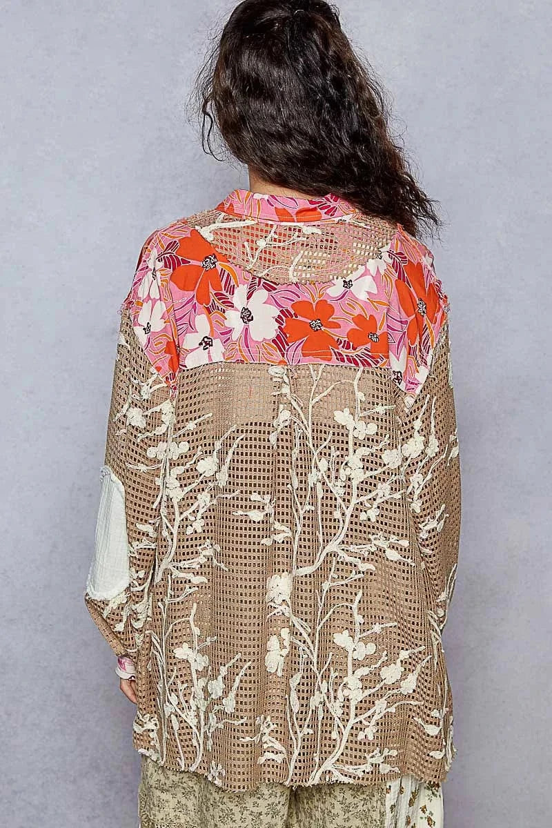 Trendsi POL Floral Print Crochet Button Up Shirt