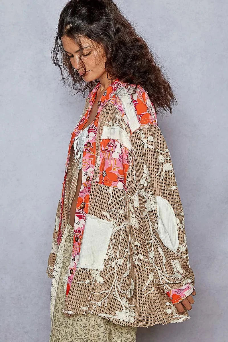 Trendsi POL Floral Print Crochet Button Up Shirt