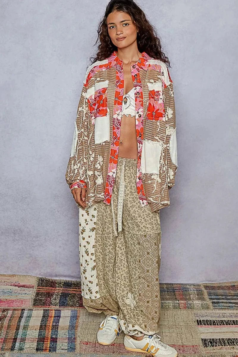 Trendsi POL Floral Print Crochet Button Up Shirt