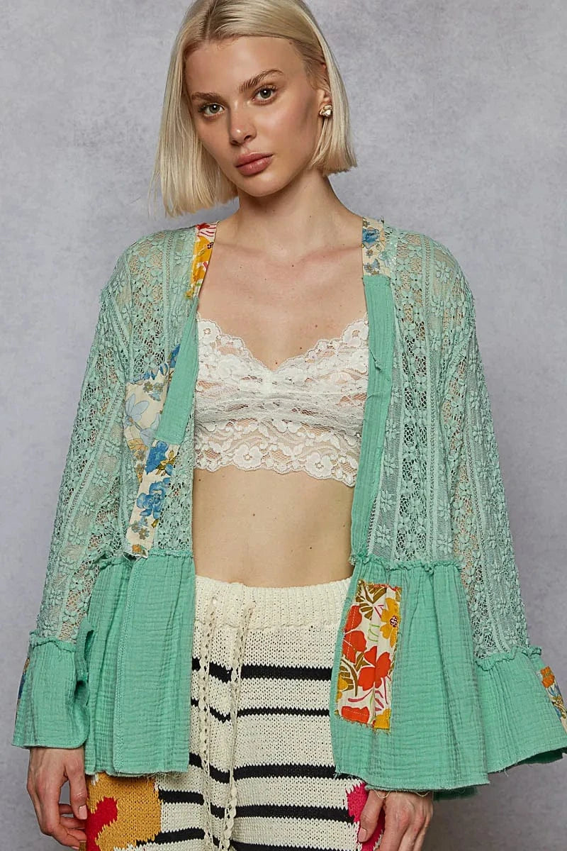 Trendsi POL Lace Ruffled Hem Open Front Cardigan