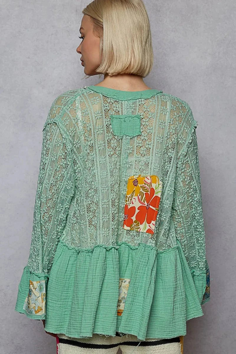 Trendsi POL Lace Ruffled Hem Open Front Cardigan