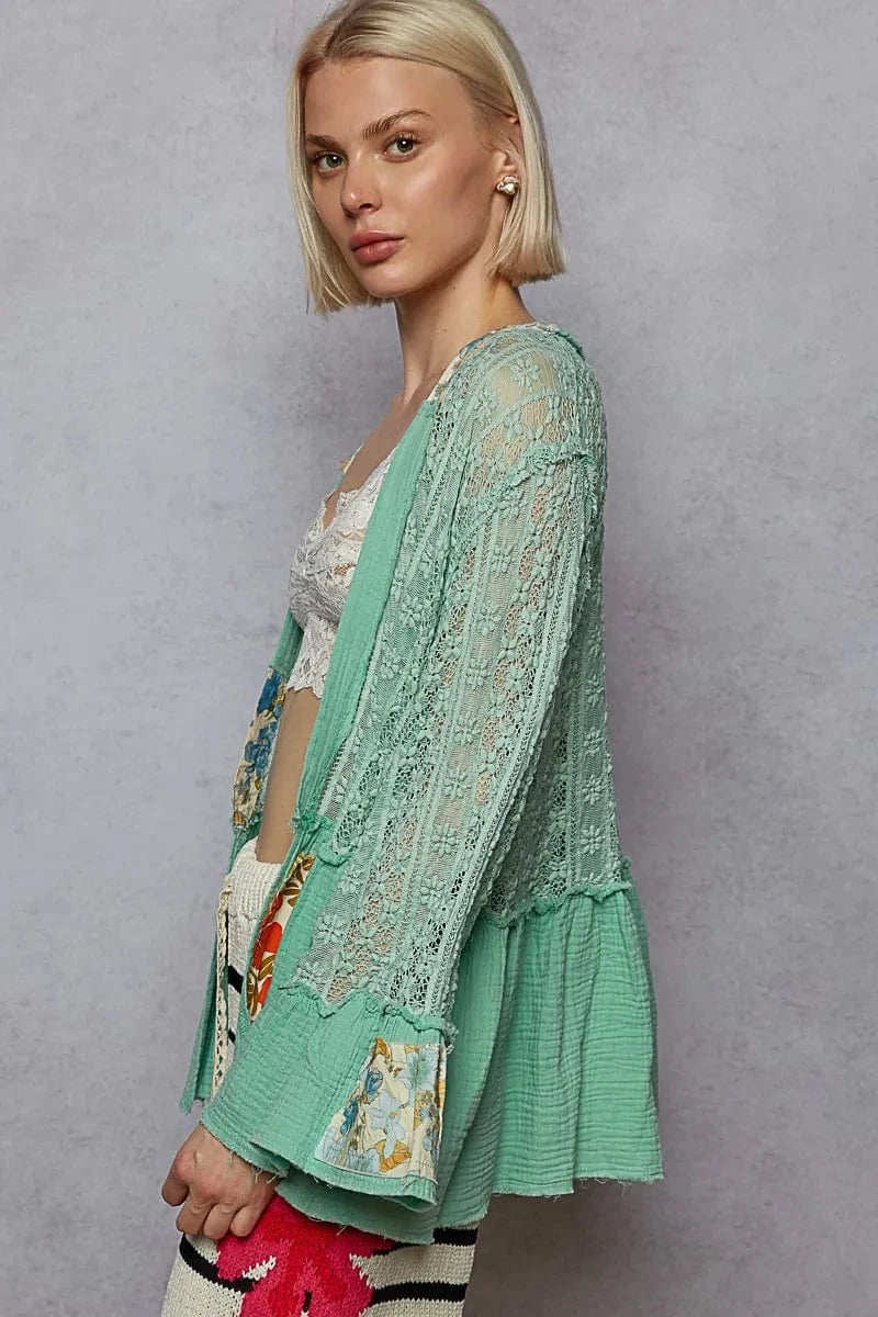 Trendsi POL Lace Ruffled Hem Open Front Cardigan