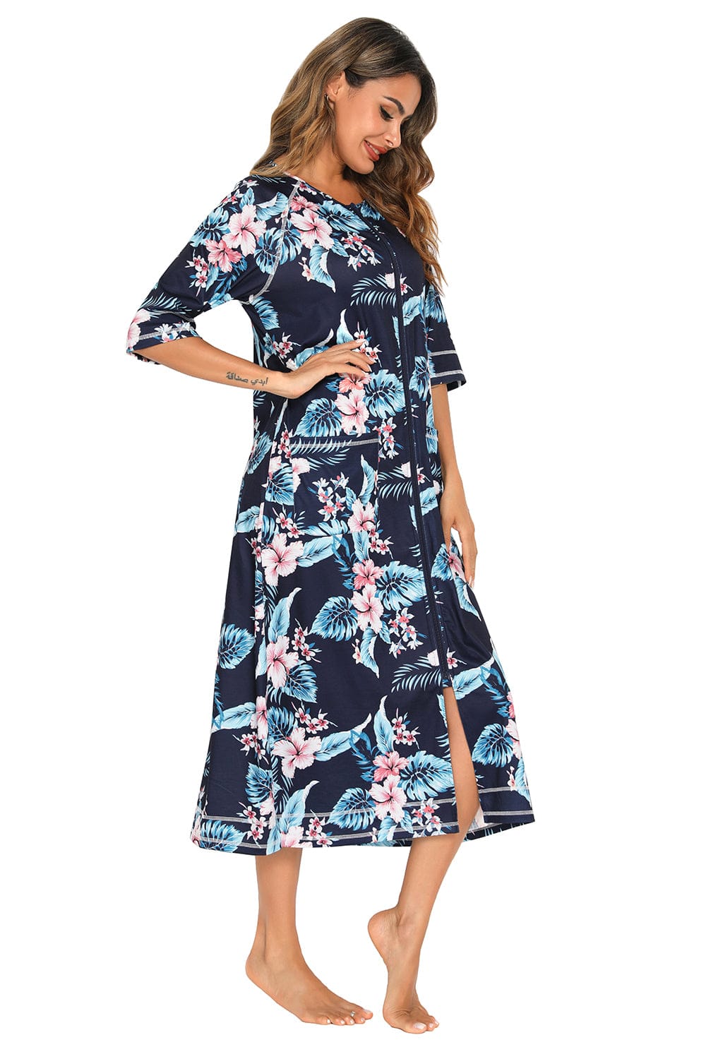 Trendsi Printed Slit Night Dress with Pockets