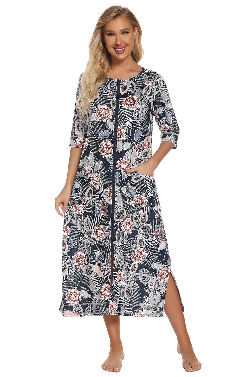 Trendsi Printed Slit Night Dress with Pockets