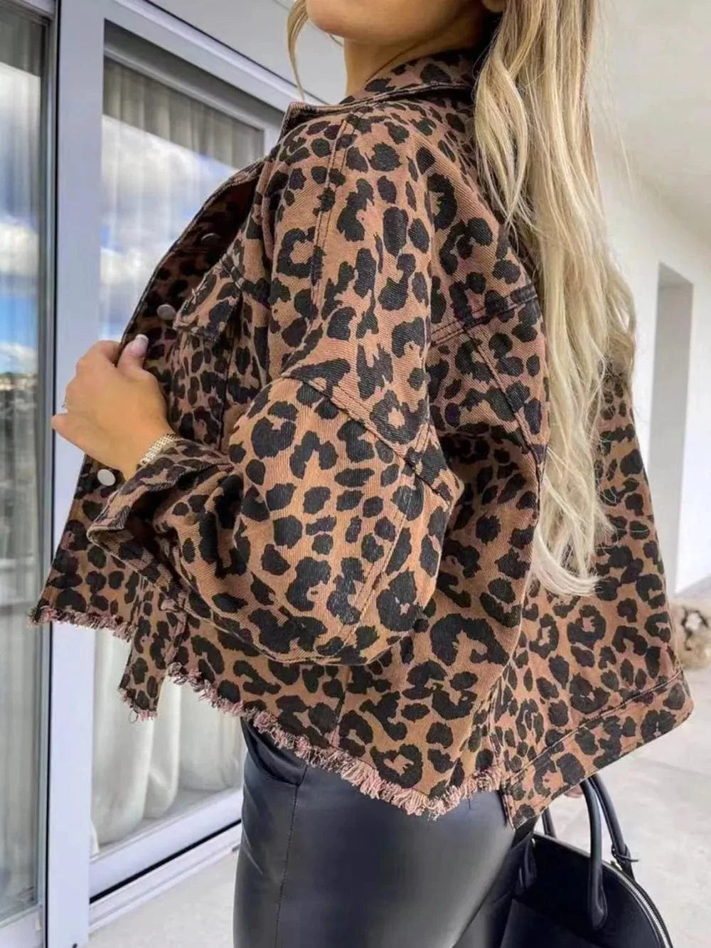 Trendsi Raw Hem Leopard Collared Neck Denim Jacket