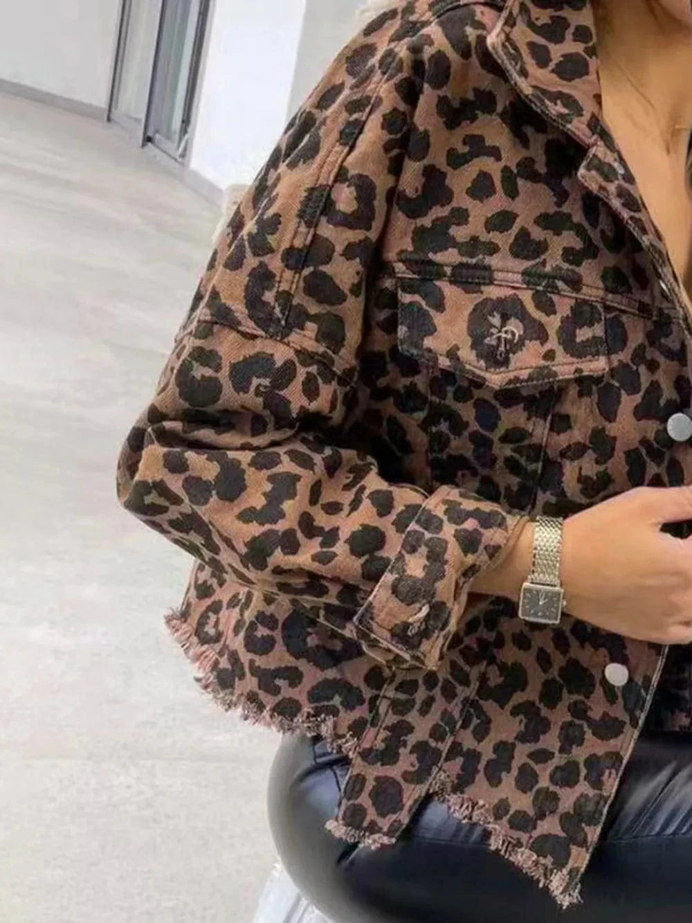 Trendsi Raw Hem Leopard Collared Neck Denim Jacket
