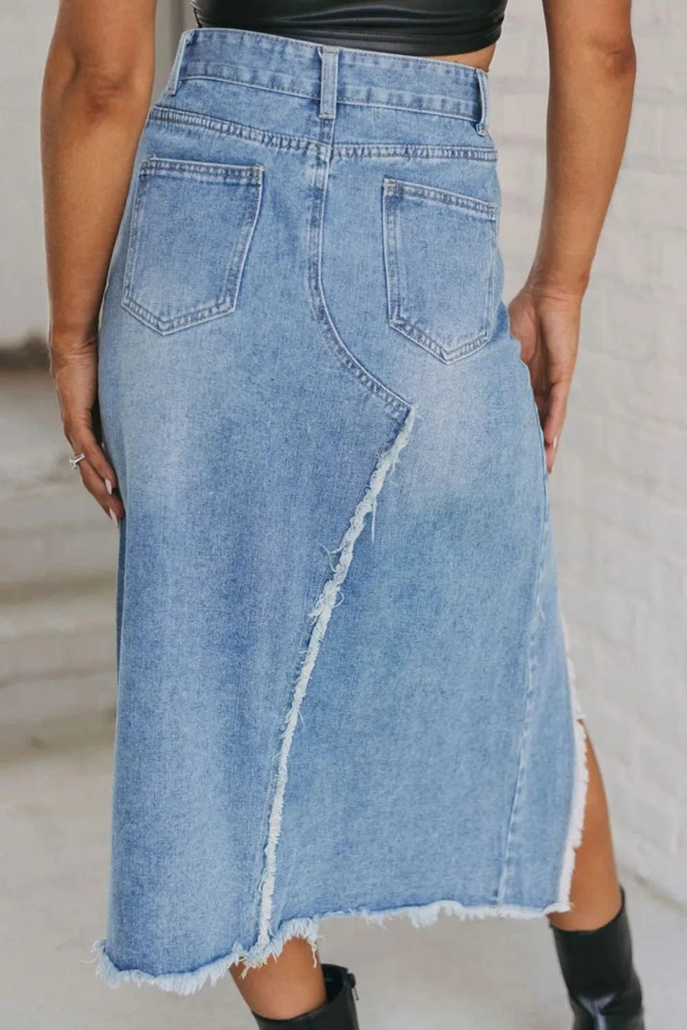 Trendsi Raw Hem Slit Denim Skirt with Pockets