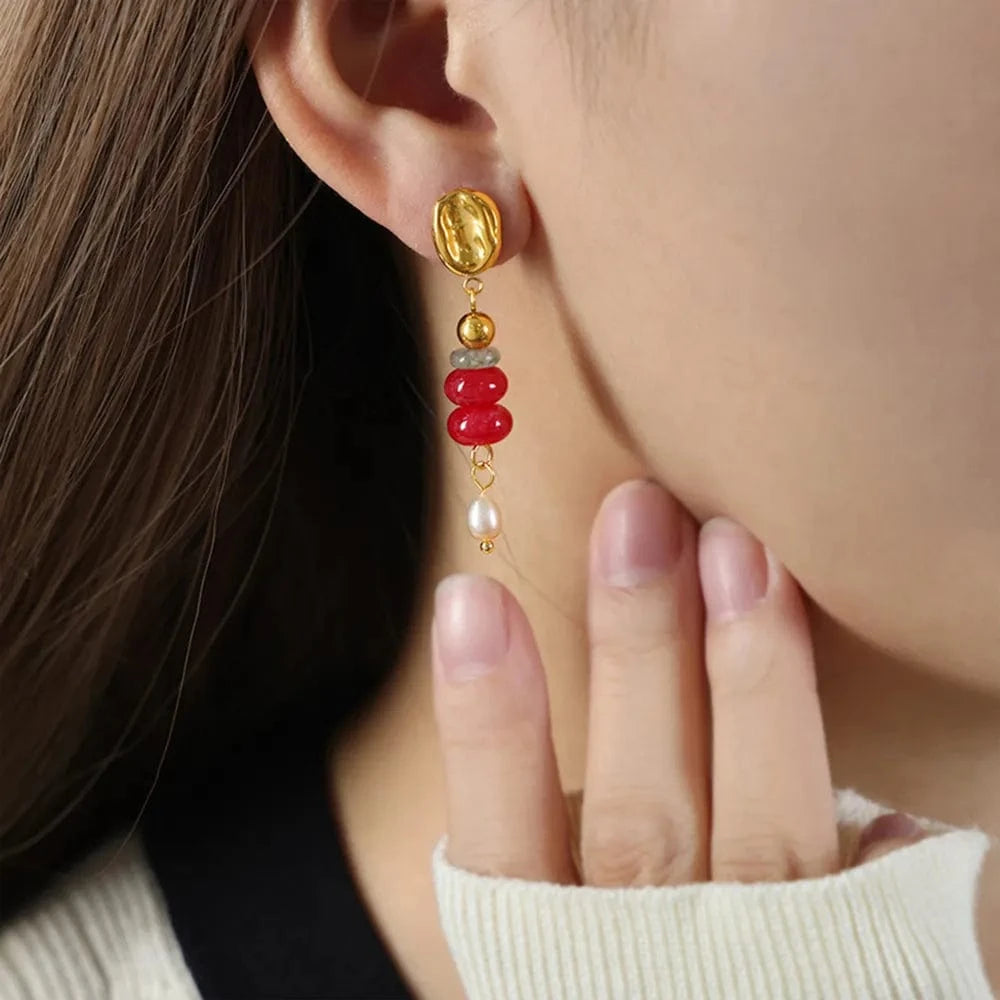 Trendsi Red / One Size Natural Stone Freshwater Pearl Dangle Earrings