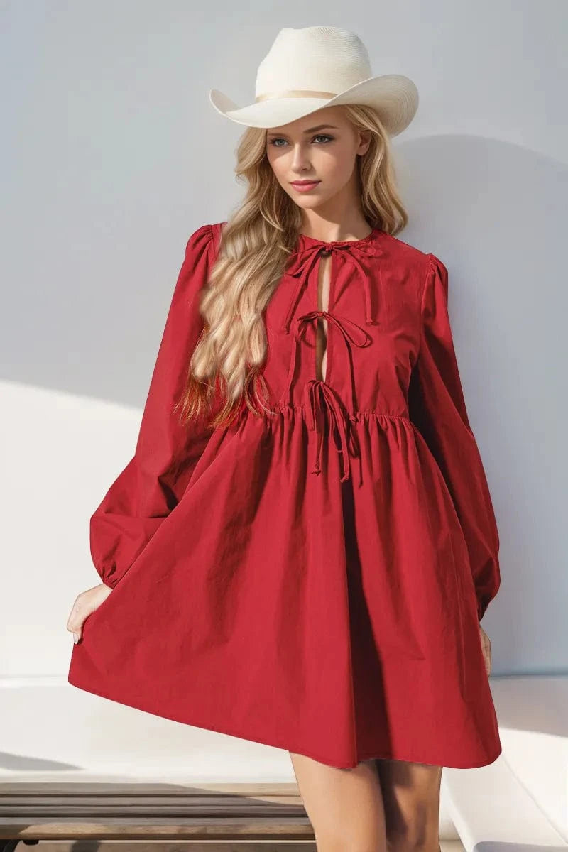 Trendsi Red / S Double Take Christmas Front Tied Long Sleeve Mini Dress
