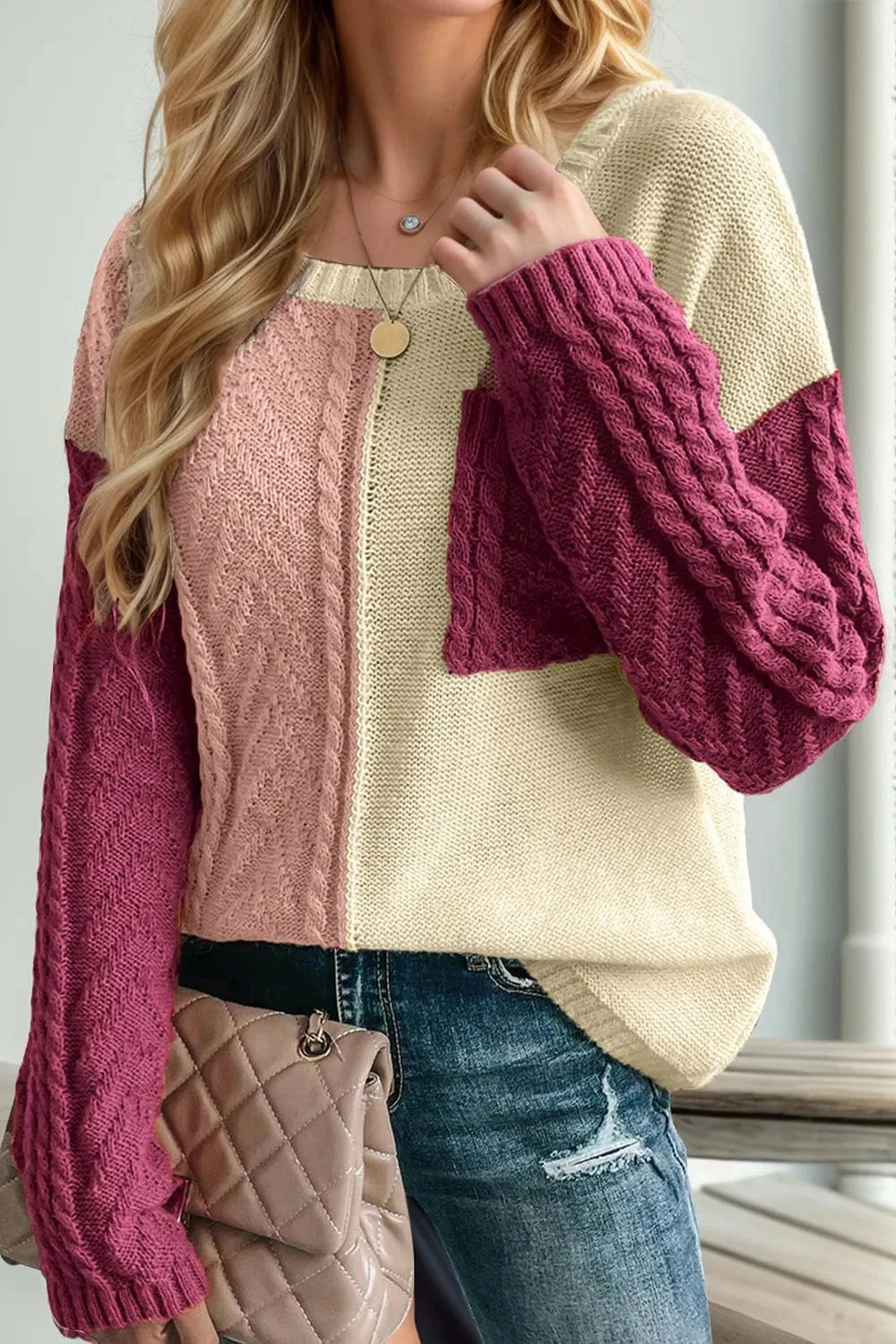 Trendsi Red-Violet / S/M Double Take Full Size Color Block Drop Shoulder Sweater