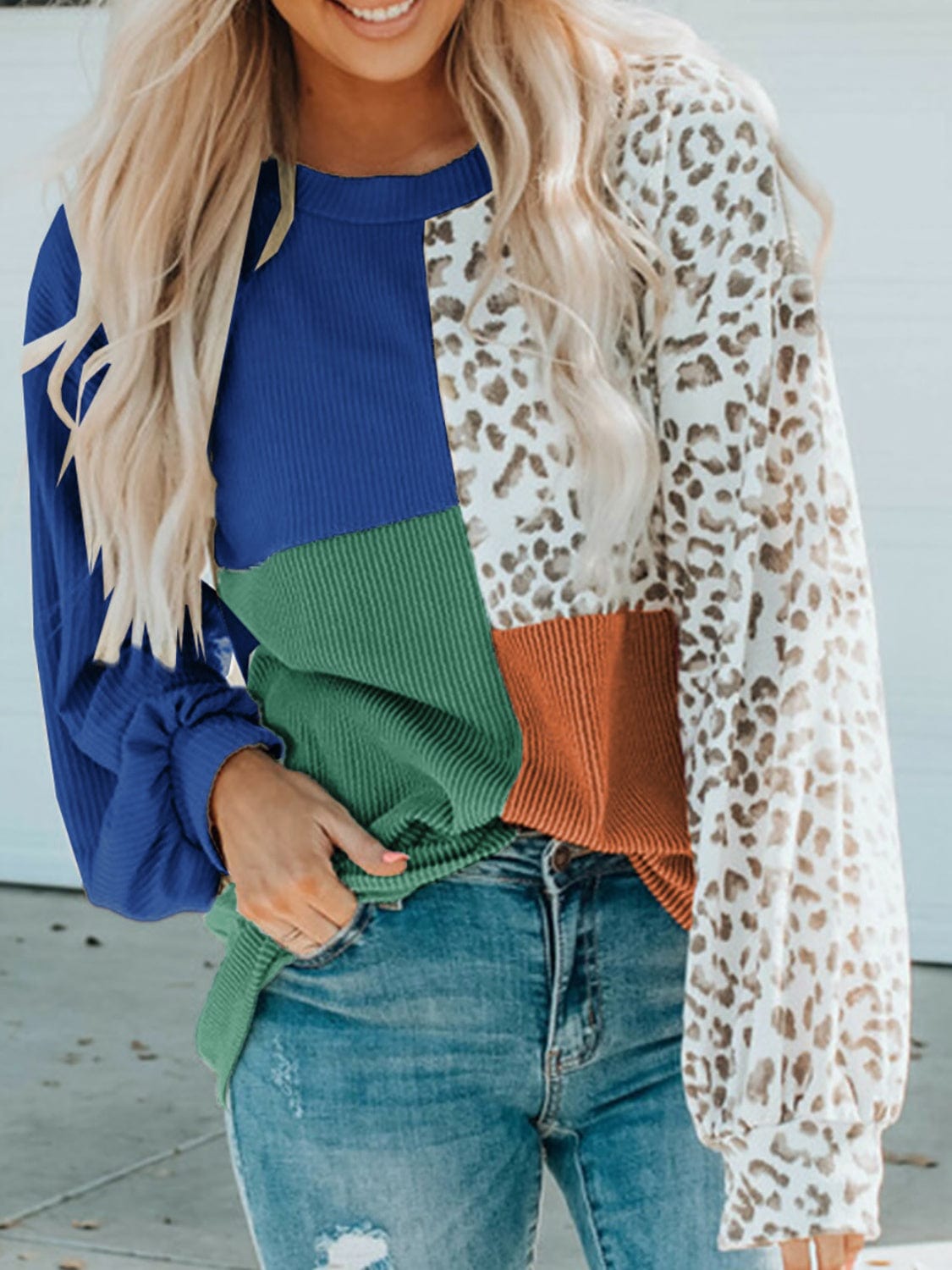 Trendsi Royal Blue / S Color Block Leopard Round Neck Sweatshirt