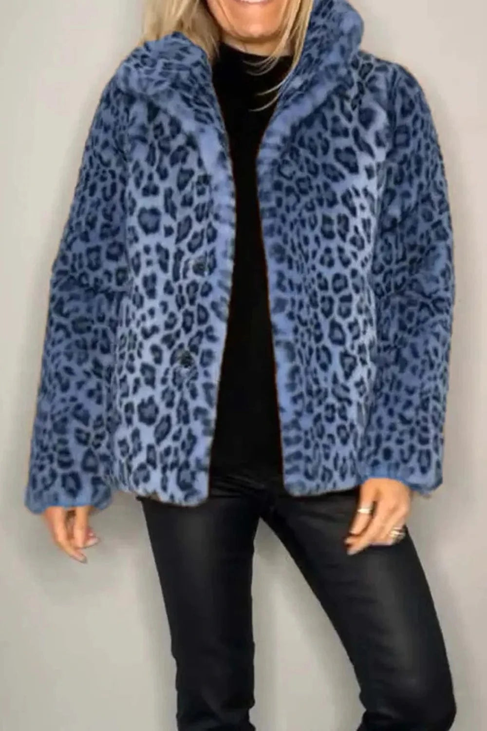 Trendsi Royal Blue / S Full Size Leopard Furry Collared Neck Long Sleeve Coat