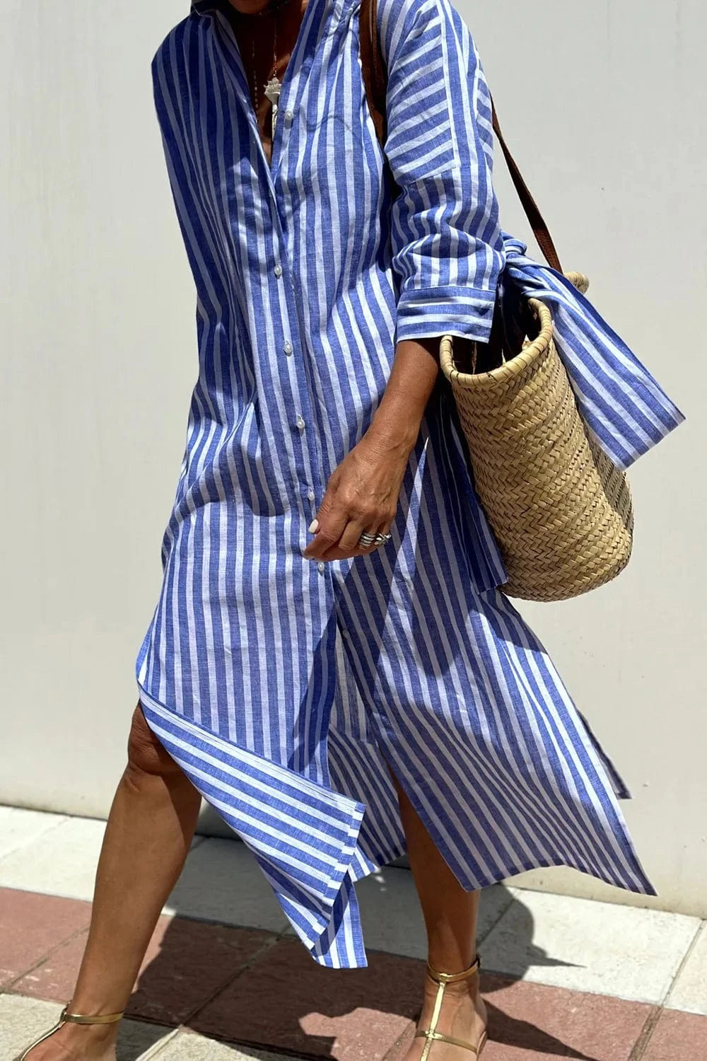 Trendsi Royal Blue / S Tied Button Up Three-Quarter Sleeve Dress