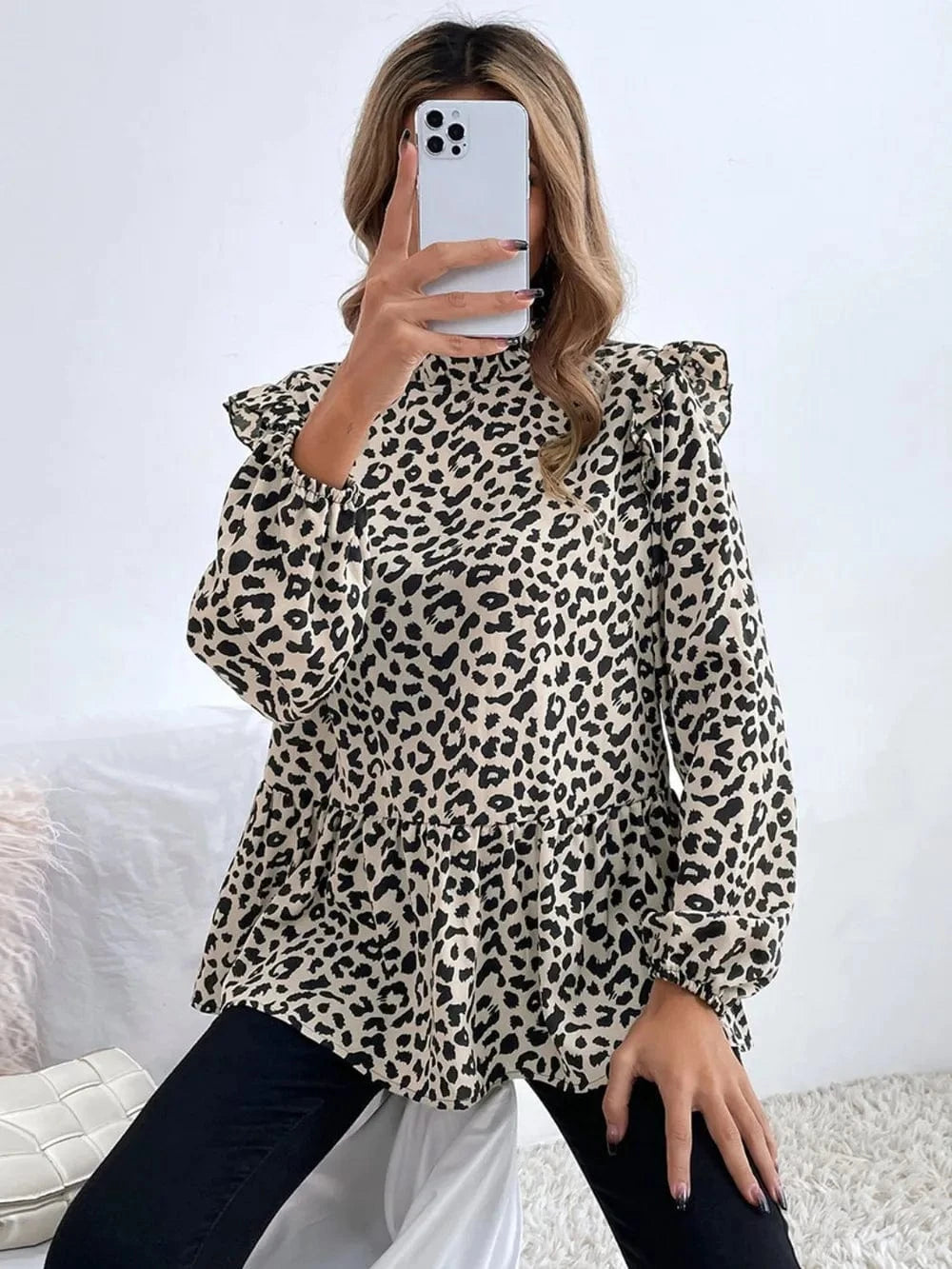 Trendsi Ruffled Leopard Mock Neck Long Sleeve Blouse