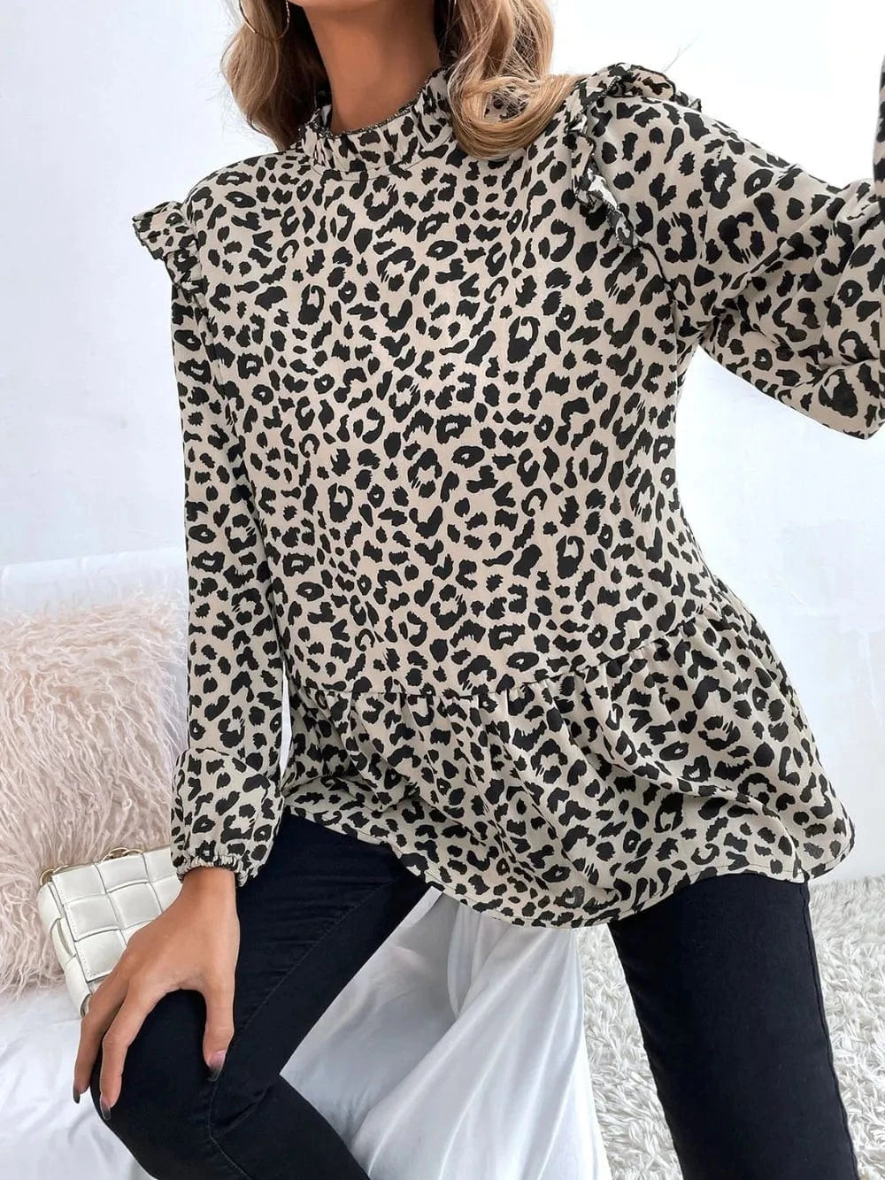 Trendsi Ruffled Leopard Mock Neck Long Sleeve Blouse