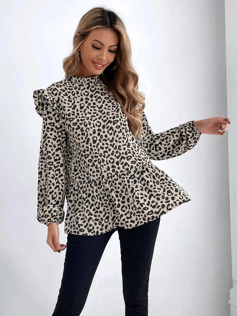 Trendsi Ruffled Leopard Mock Neck Long Sleeve Blouse