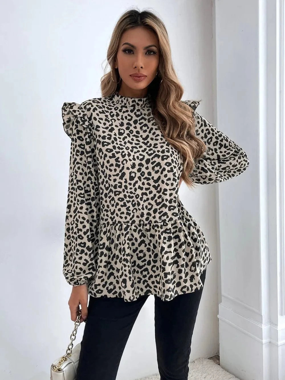 Trendsi Ruffled Leopard Mock Neck Long Sleeve Blouse