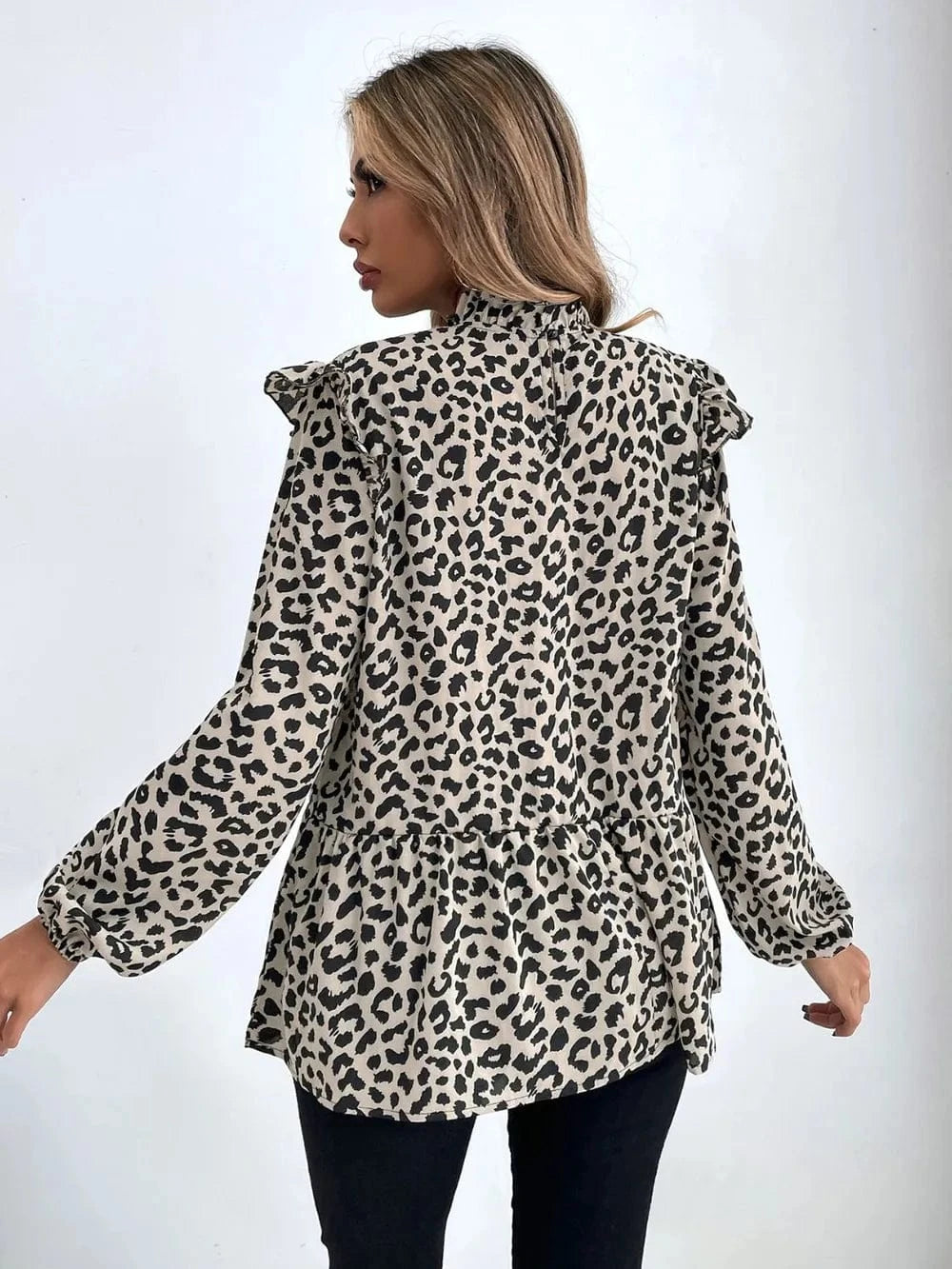 Trendsi Ruffled Leopard Mock Neck Long Sleeve Blouse