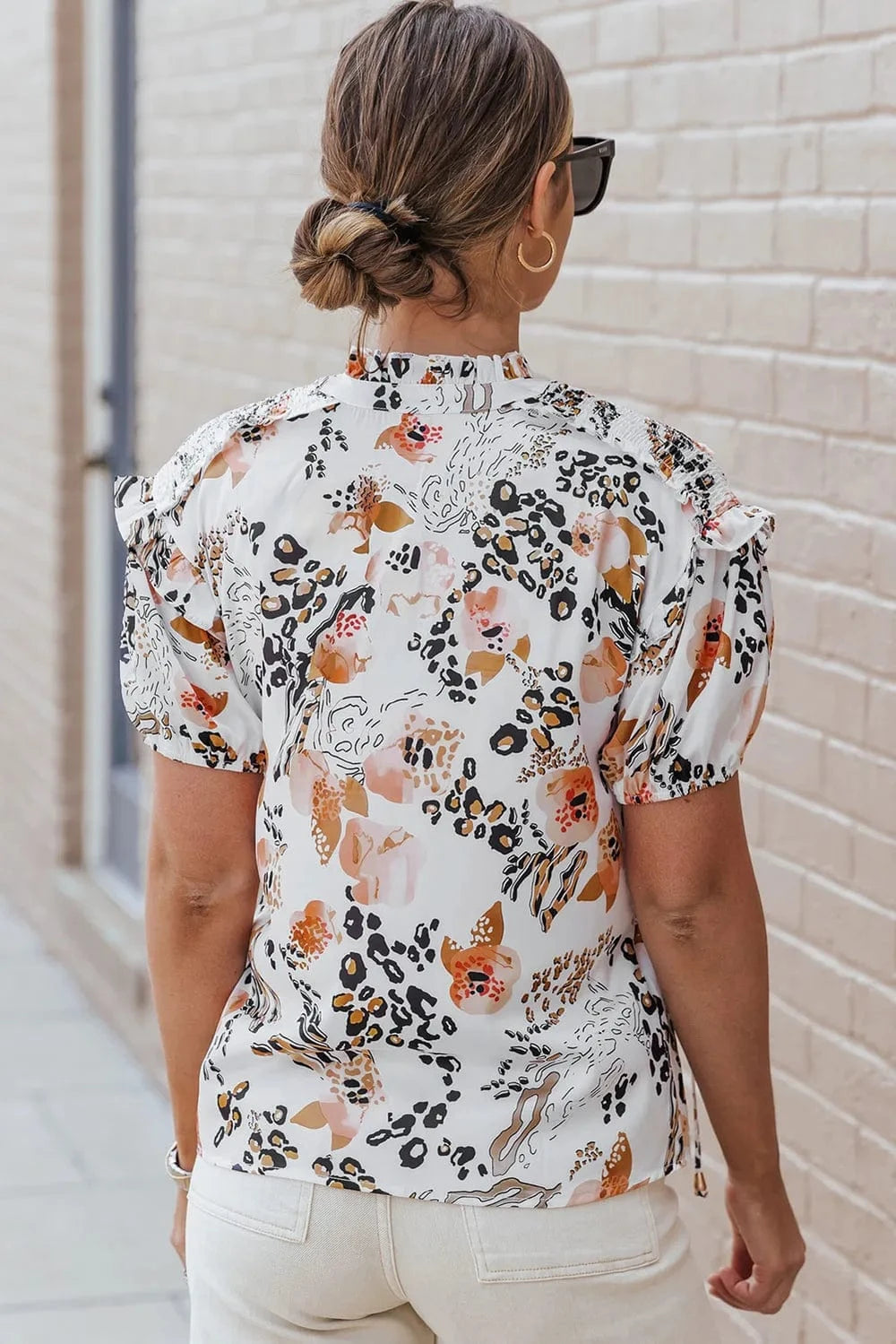 Trendsi Ruffled Leopard Tie Neck Short Sleeve T-Shirt