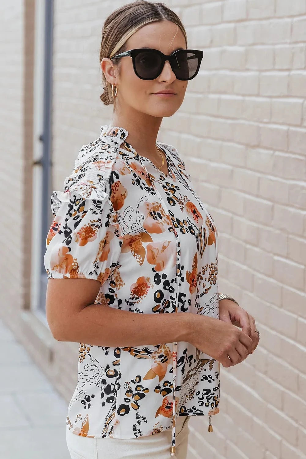 Trendsi Ruffled Leopard Tie Neck Short Sleeve T-Shirt