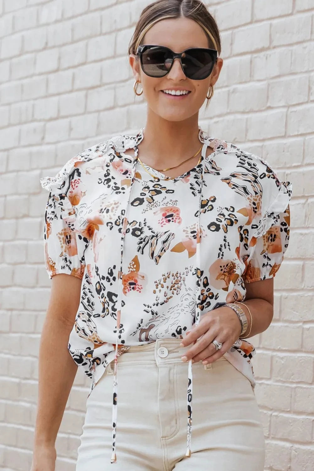 Trendsi Ruffled Leopard Tie Neck Short Sleeve T-Shirt