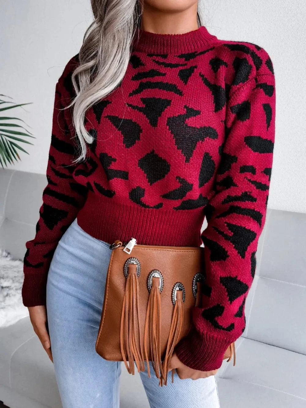 Trendsi Rust / S Leopard Round Neck Dropped Shoulder Sweater