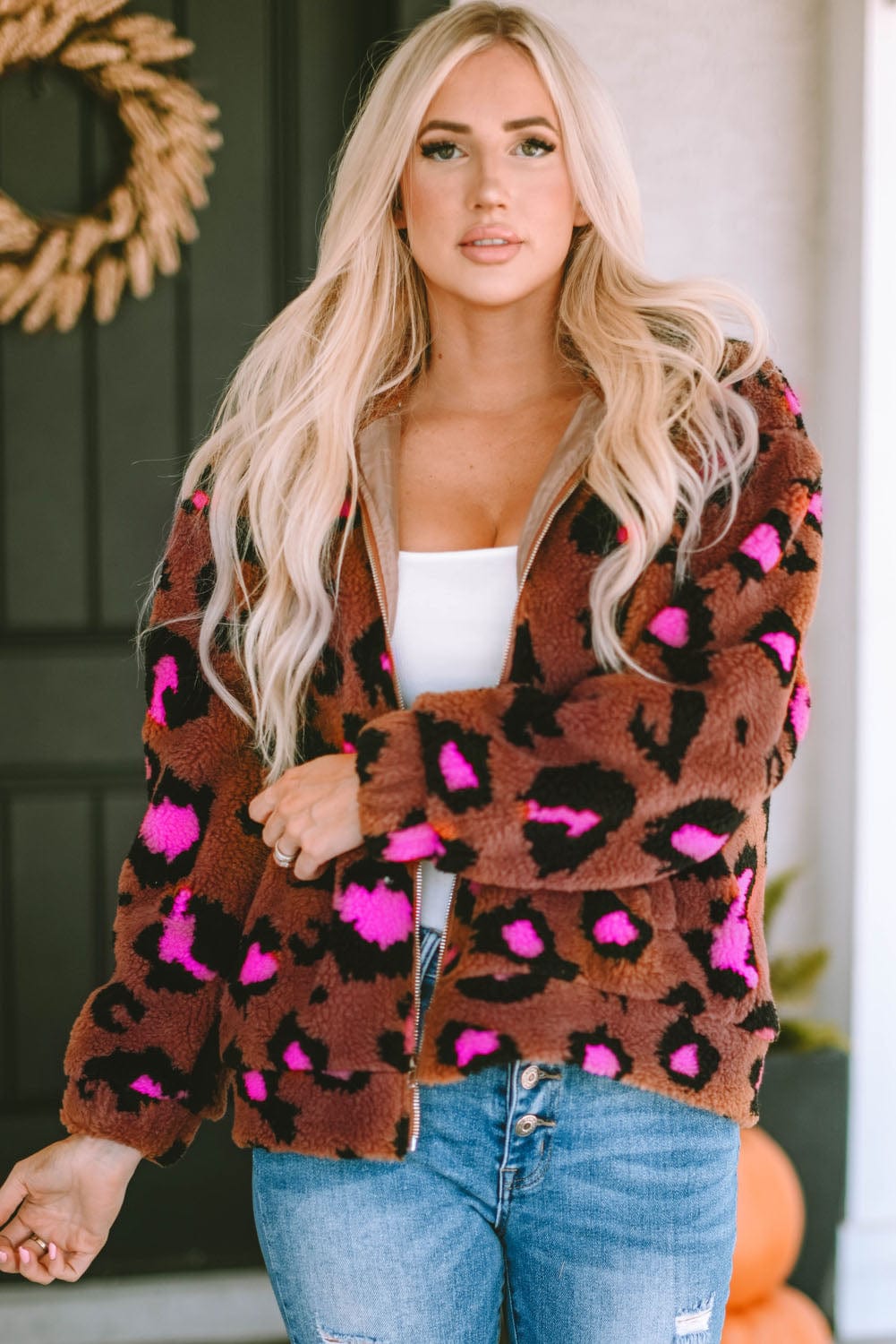 Trendsi Rust / S Leopard Zip-Up Jacket