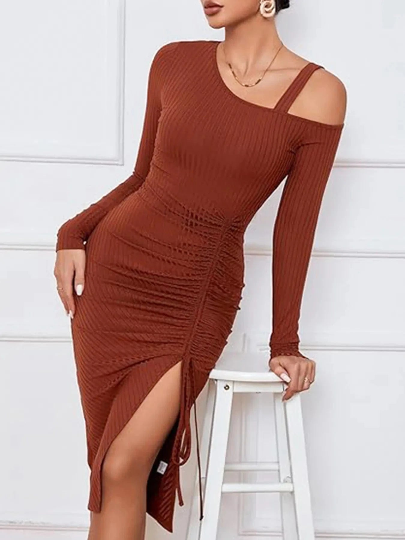 Trendsi Rust / S Ruched Asymmetrical Neck Ribbed Bodycon Dress