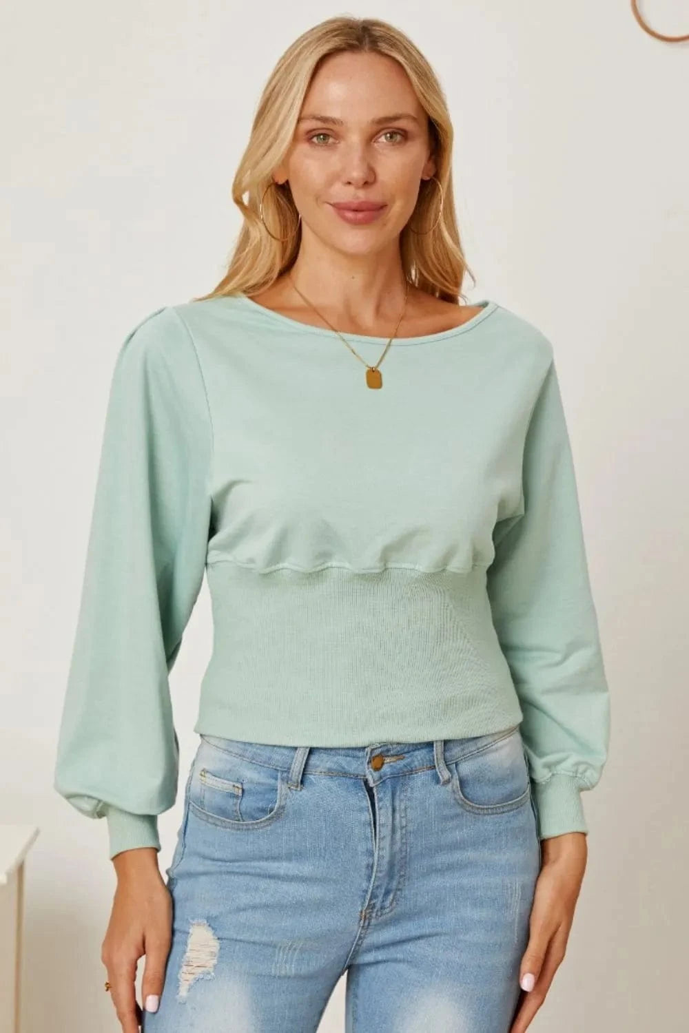 Trendsi Sage / S Boat Neck Lantern Sleeve Blouse