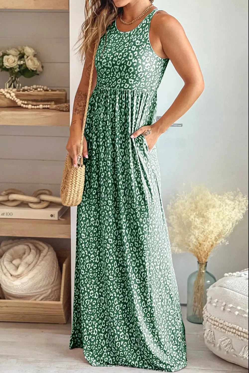 Trendsi Sage / S Leopard Round Neck Sleeveless Maxi Dress