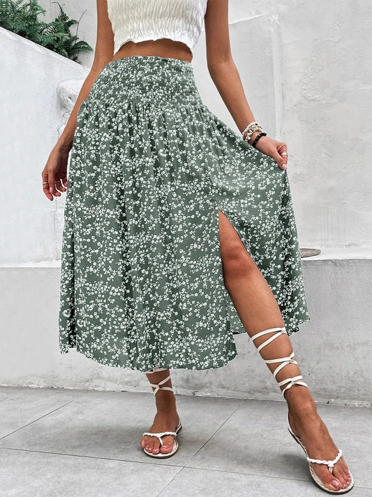 Trendsi Sage / S Slit Smocked Printed Skirt