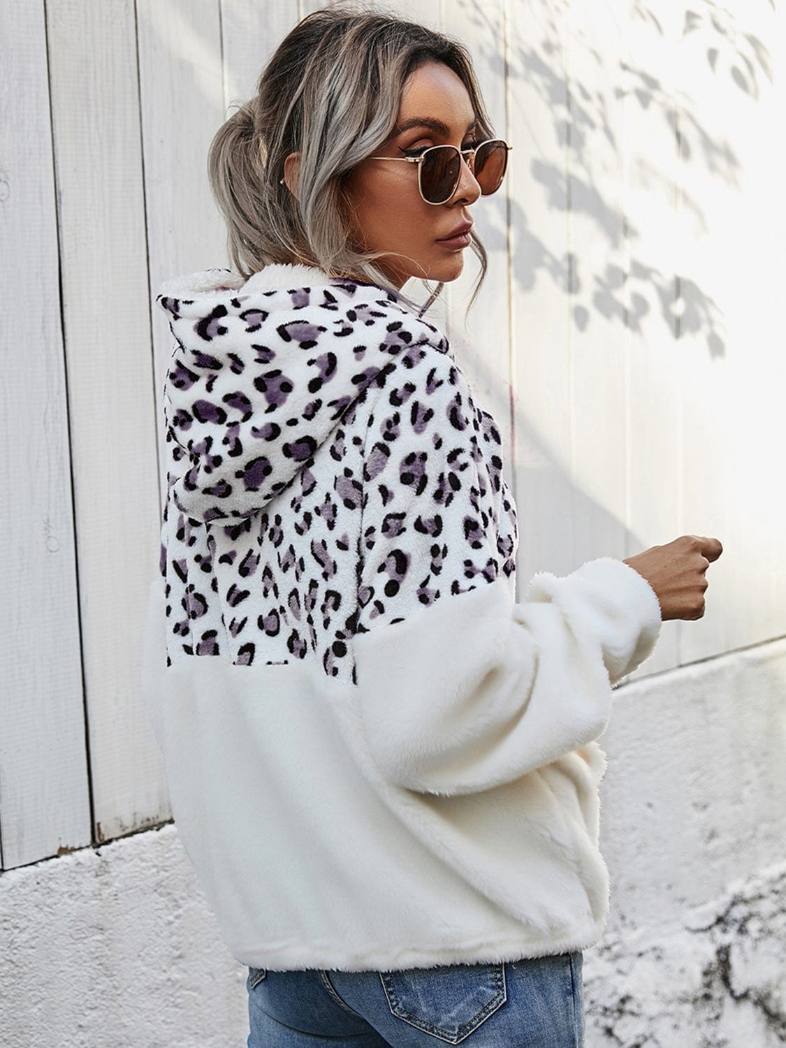 Trendsi Shiny Leopard Half-Zip Dropped Shoulder Hoodie
