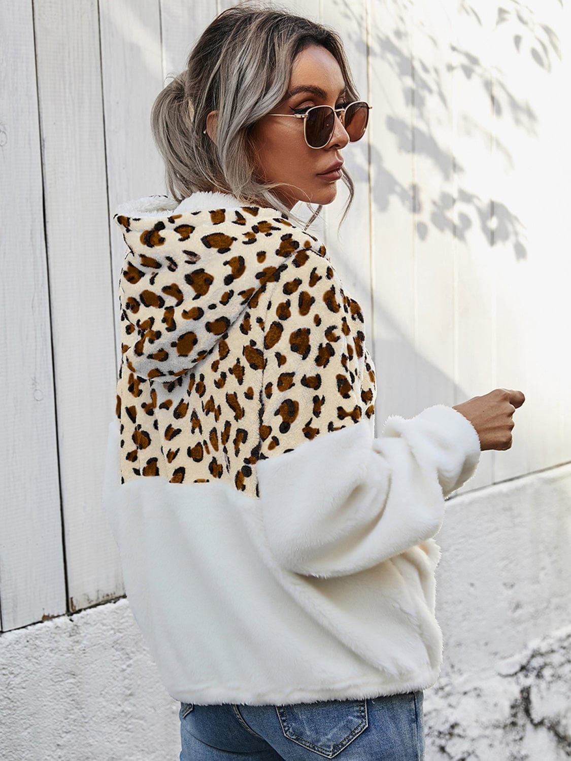 Trendsi Shiny Leopard Half-Zip Dropped Shoulder Hoodie