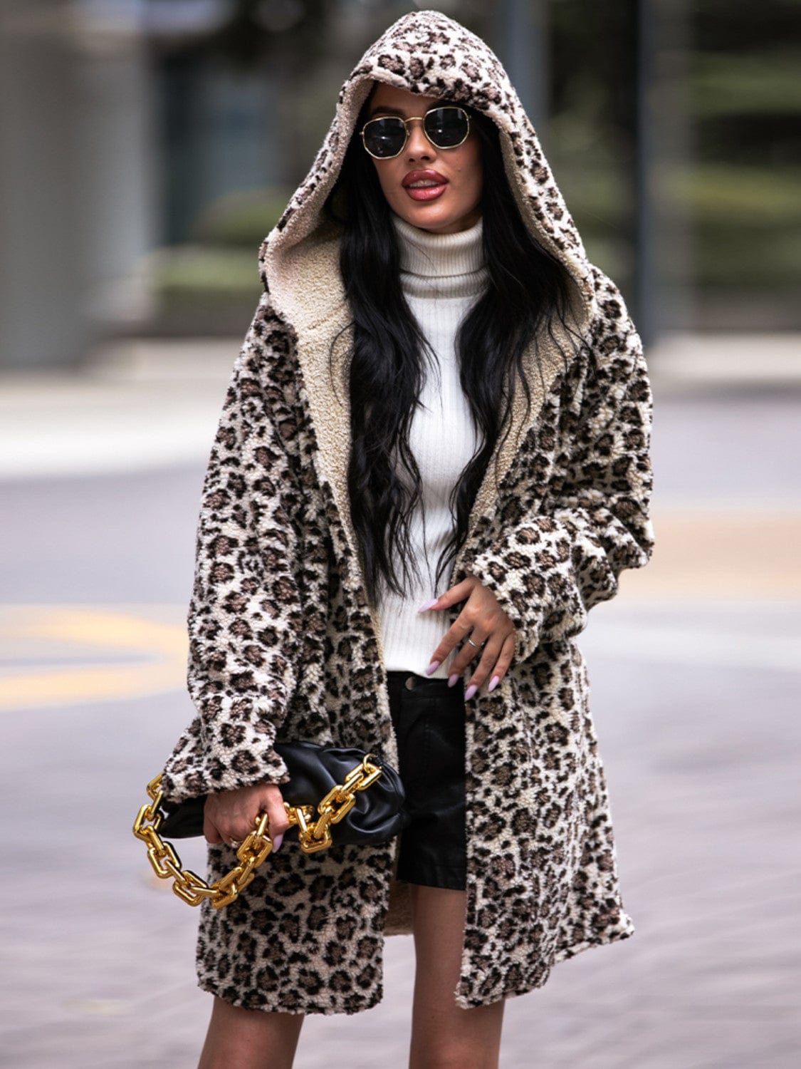 Trendsi Shiny Leopard Hooded Coat with Pockets