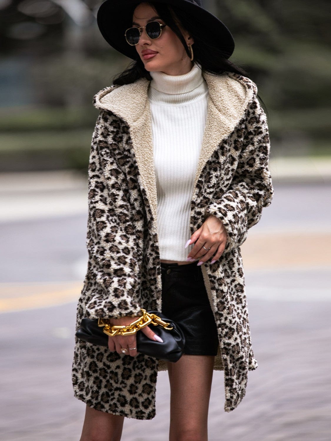 Trendsi Shiny Leopard Hooded Coat with Pockets