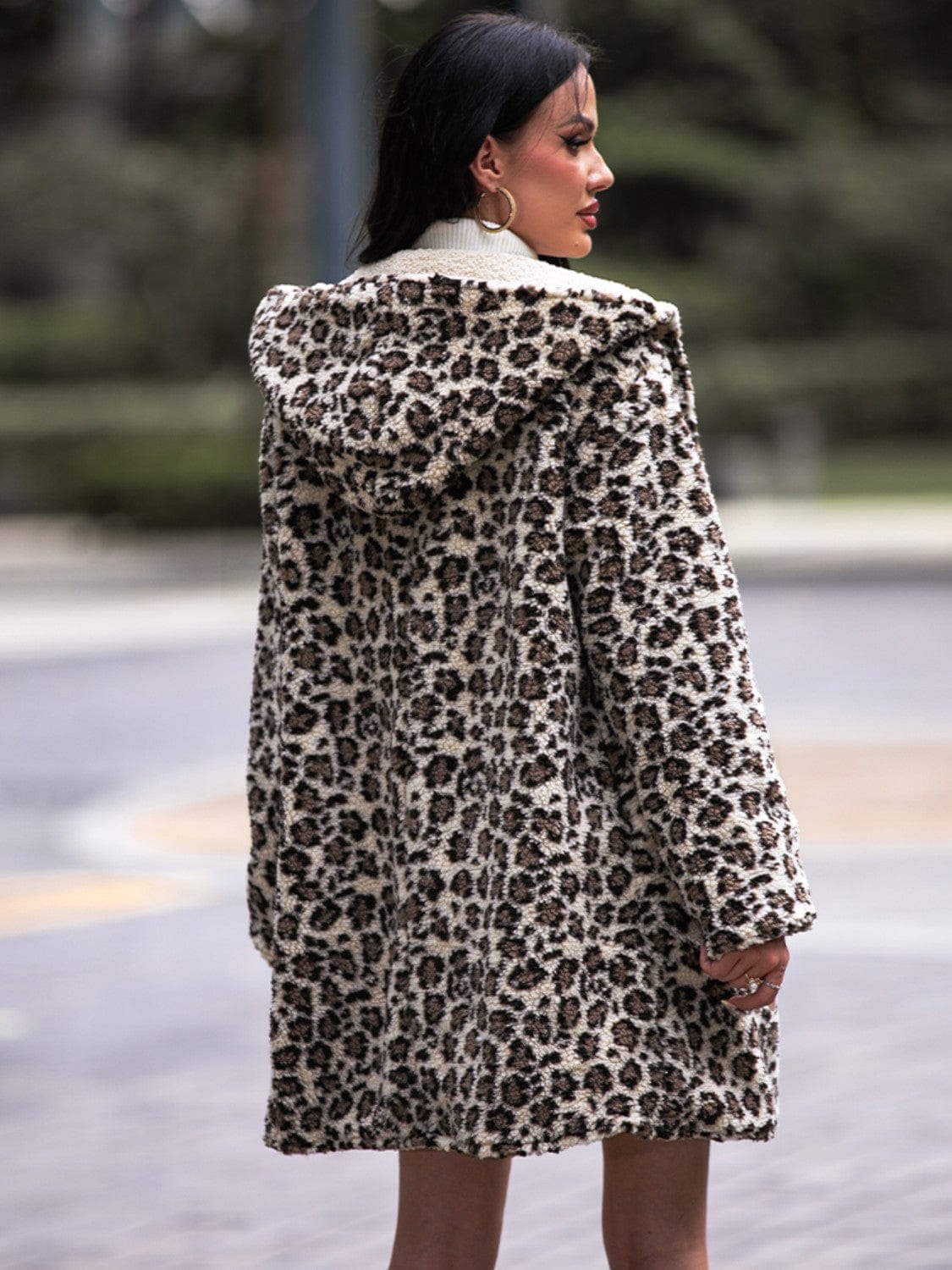 Trendsi Shiny Leopard Hooded Coat with Pockets