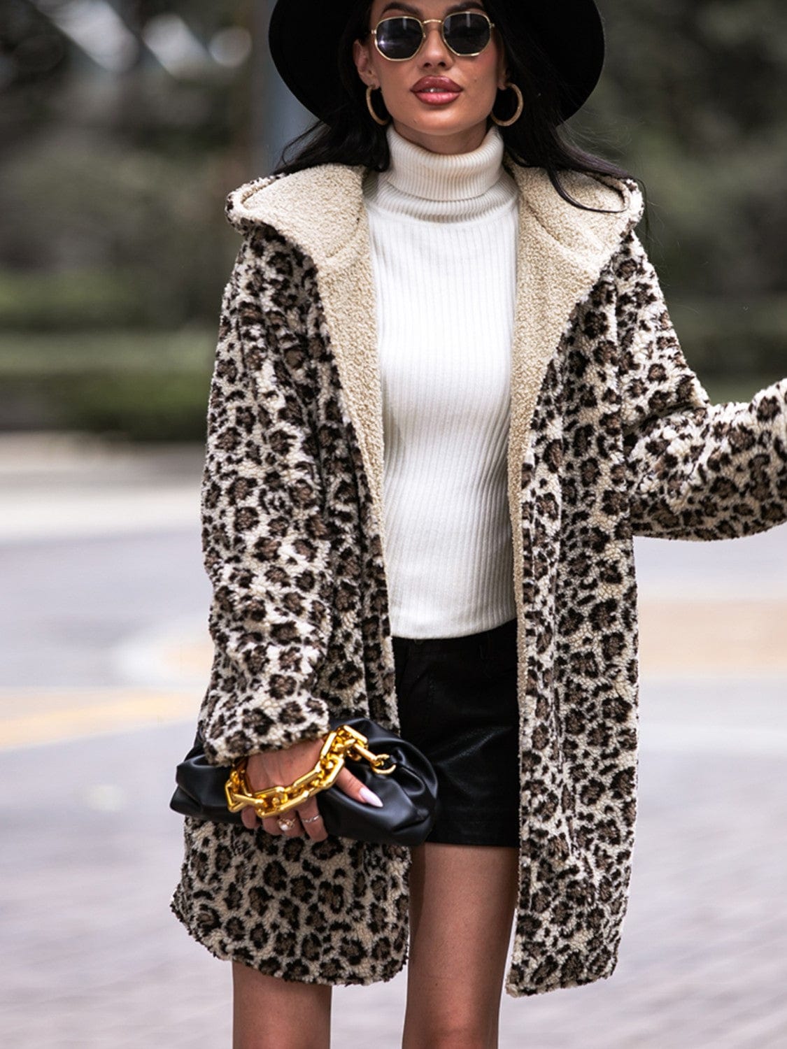 Trendsi Shiny Leopard Hooded Coat with Pockets