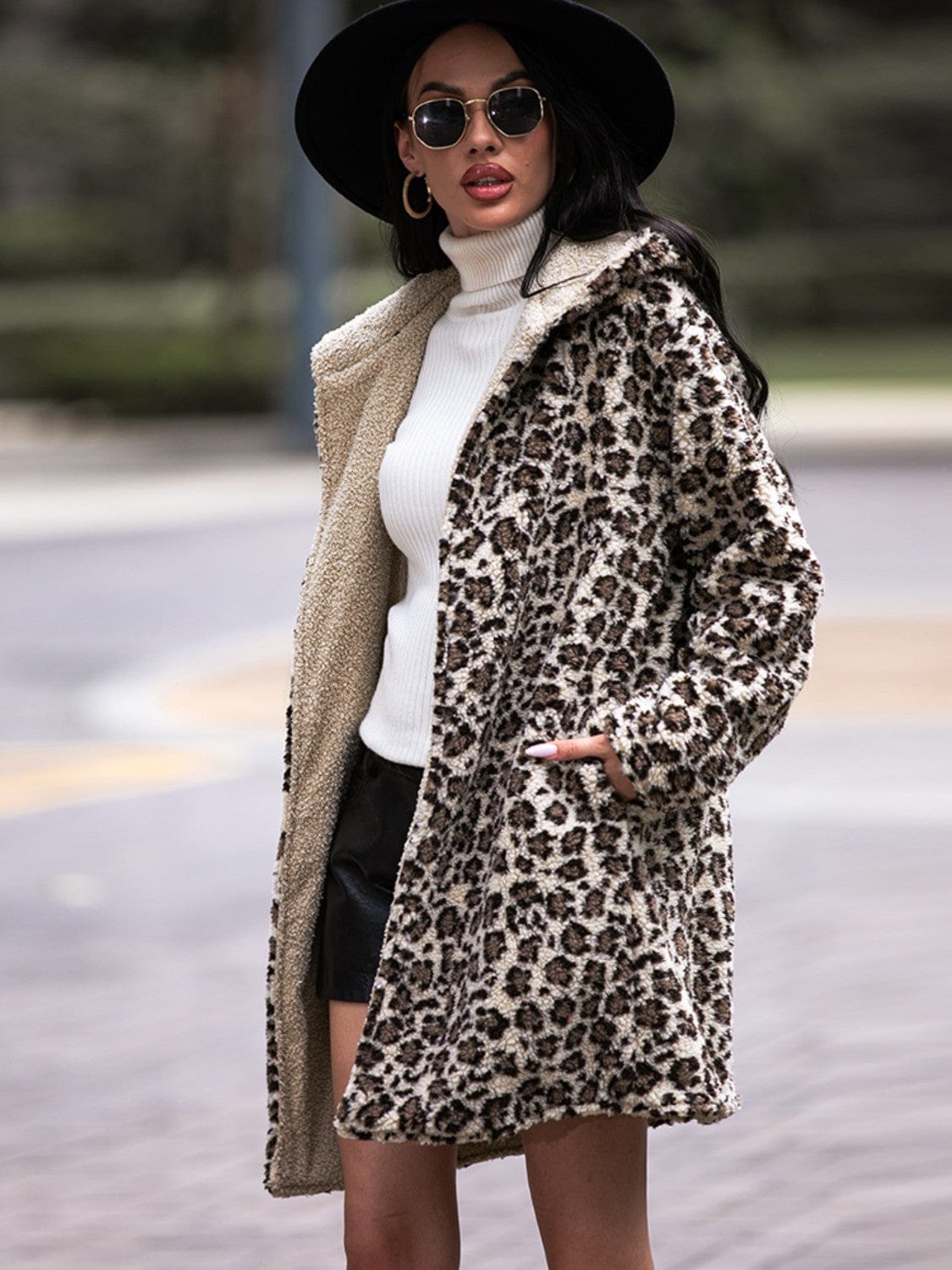 Trendsi Shiny Leopard Hooded Coat with Pockets