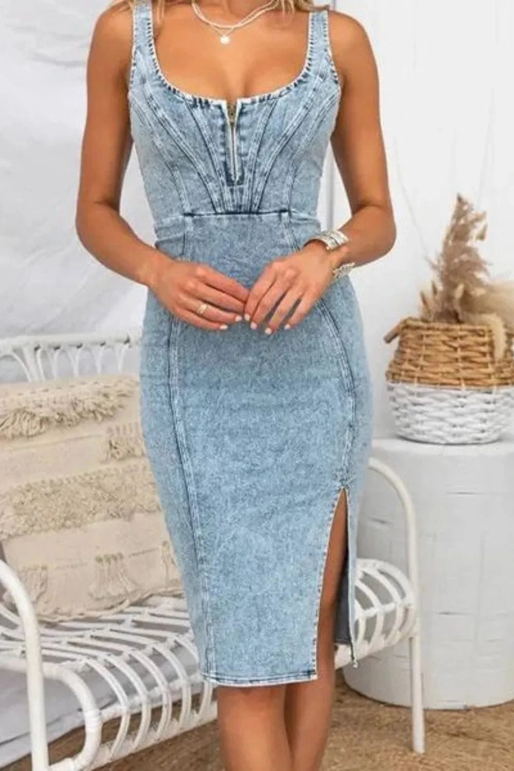 Trendsi Side Slit Washed Scoop Neck Denim Dress