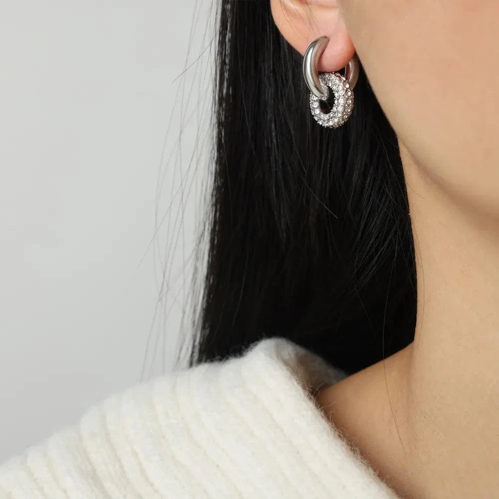 Trendsi Silver / One Size Titanium Steel Inlaid Zircon Double-Hoop Earrings
