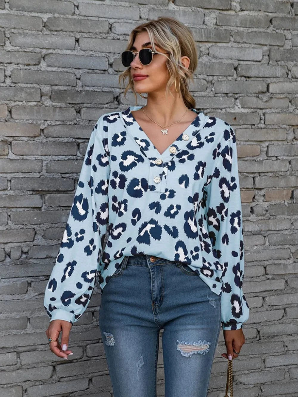Trendsi Sky Blue / S Leopard V-Neck Decorative Button Long Sleeve Blouse
