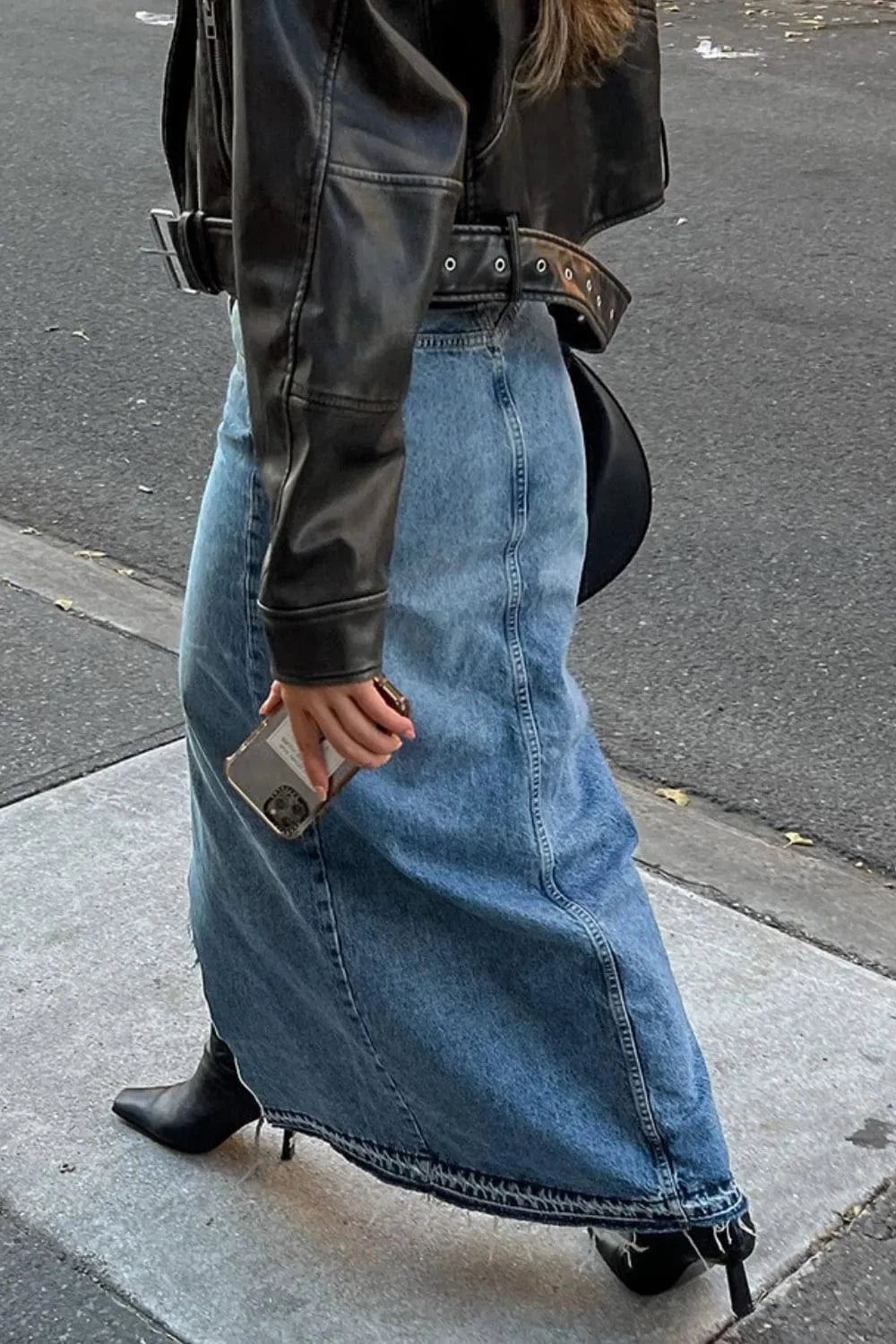 Trendsi Slit Front Raw Hem Denim Maxi Skirt